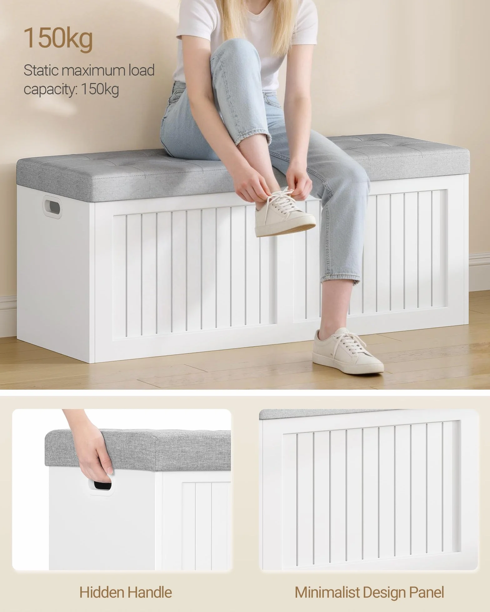 Hzuaneri Cassapanca contenitore da interno, Panca contenitore, Utilizzabile Come Portascarpe, con Cuscino in Lino, Adatta per Soggiorno, Ingresso e Atrio, 40 x 109 x 44,5cm, Bianco-Grigio SB01903GY
