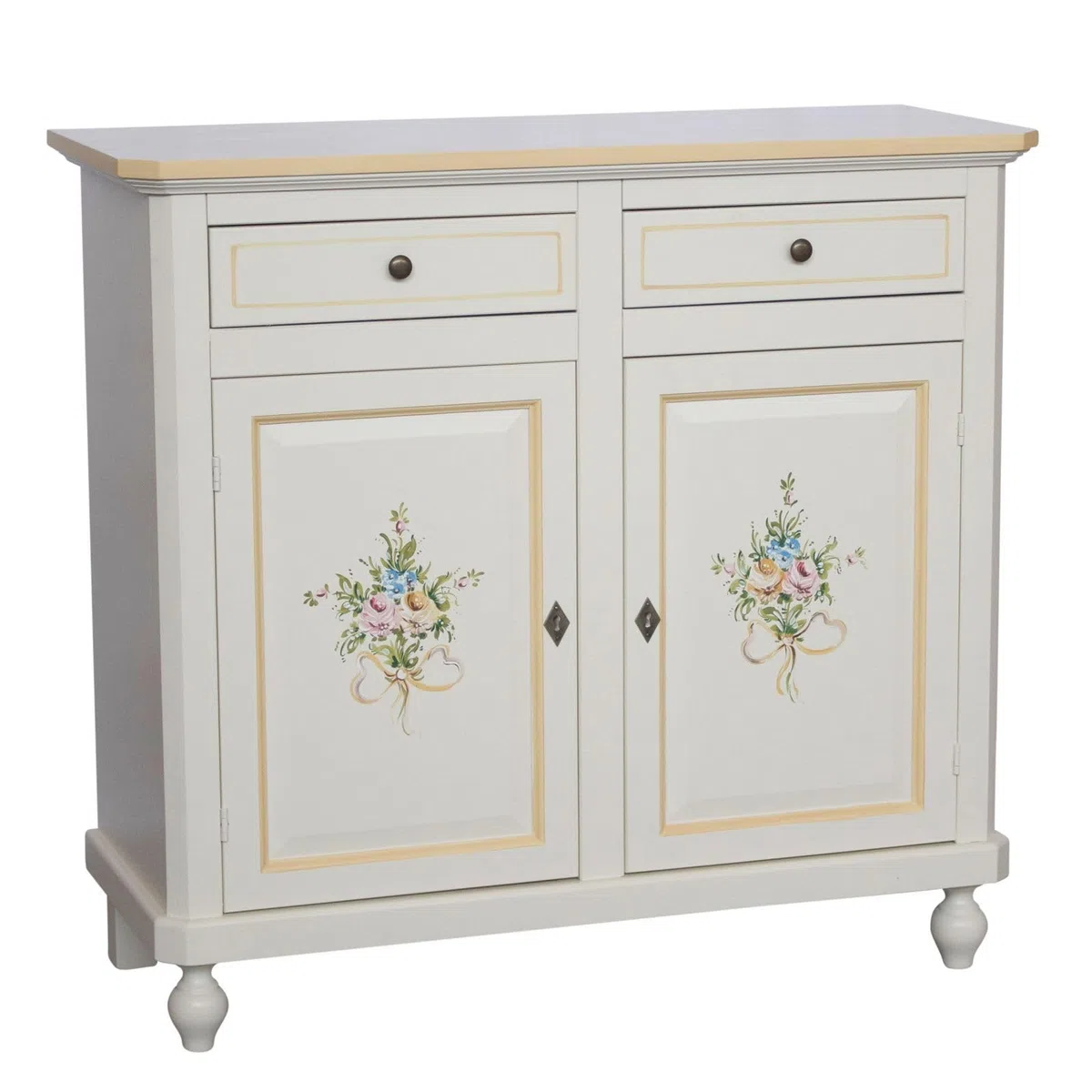Vicentini arreda CREDENZA NAPOLETANA 2 ANTE IN LEGNO BIANCO DECORATA FILO OCRA