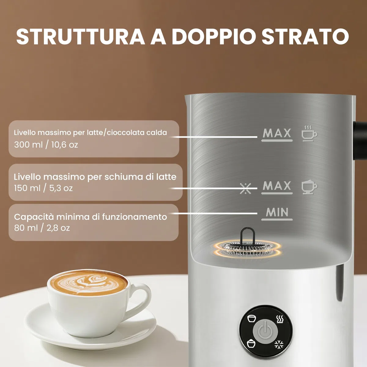 Montalatte Elettrico 4 in 1, Scaldalatte per Calda e Fredda in Acciaio Inossidabile per Cappuccinatore，Caffè, Cioccolata 300ML