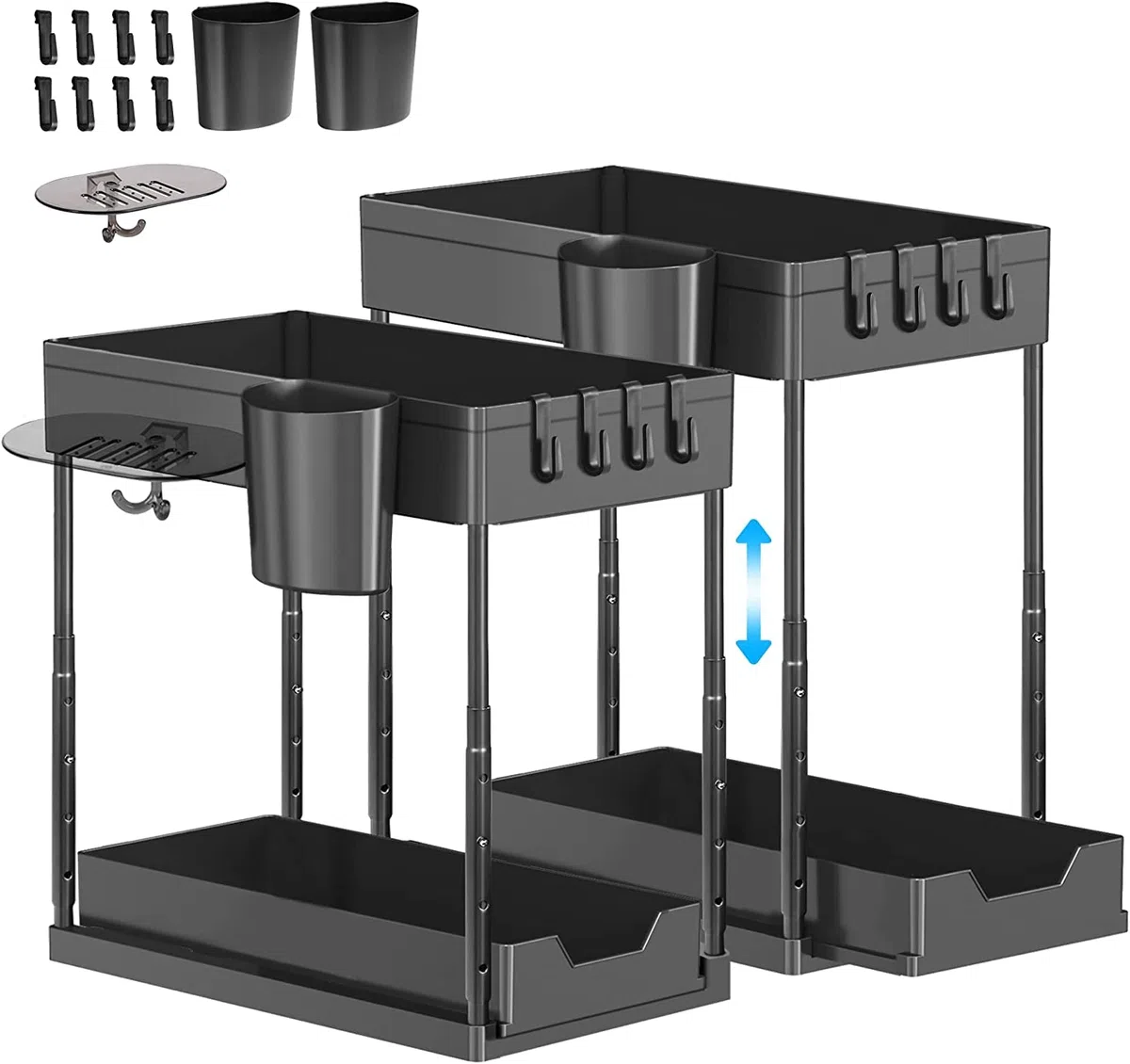Eufrozy Confezione da 2 Organizer Sottolavello a 2 Ripiani, Ripiani Sottolavello con 8 Ganci e 2 Tazze e 1 portasapone, Scaffale Multiuso Regolabile in Altezza per Cucina, Bagno, Nero