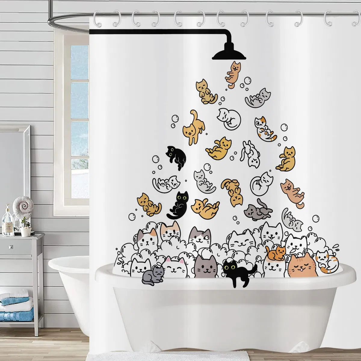 Tenda da doccia divertente gatto 120x180, bambini cartone animato animale gattino colorato amabile esilarante animali domestici tenda da bagno impermeabile poliestere tessuto tenda da bagno