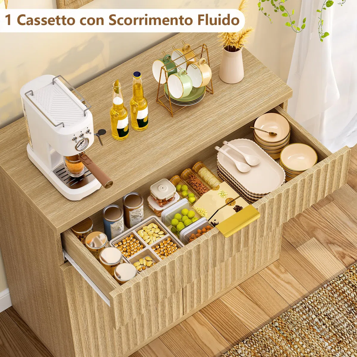 TEENFON Credenza Cucina Scanalata, Mobile con Cassetto e Ripiano Regolabile, Mobiletto Cucina in Legno Naturale con Maniglie Dorate, Credenza Soggiorno per cucina, soggiorno, ingresso-80x38x80cm