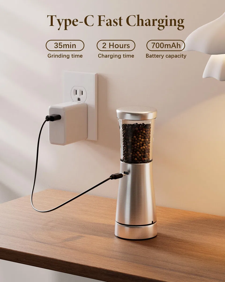 Macina sale o pepe elettrico con grande capacità di 127,6 g, in acciaio inox, ricaricabile, con bocca larga 4,6 cm, grana regolabile, base portaoggetti, gadget da cucina ideale
