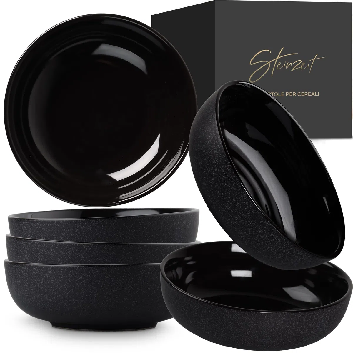 Steinzeit Ciotola Cucina Design (6x750ml, nero) - Insalatiera Ceramica per zuppa extra large - Ciotole colazione lavabile in lavastoviglie - Bowl - Ciotola per cereali - Insalatiera in ceramica