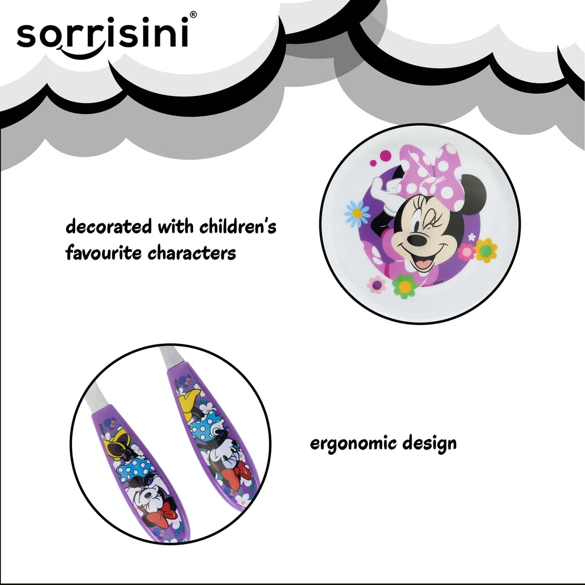 Set di Stoviglie Riutilizzabile, Set Piatti 3 Pezzi, Set Stoviglie con Piatto, Posate in Acciaio Inox, Piatti in Plastica Adatti per Microonde, Minnie