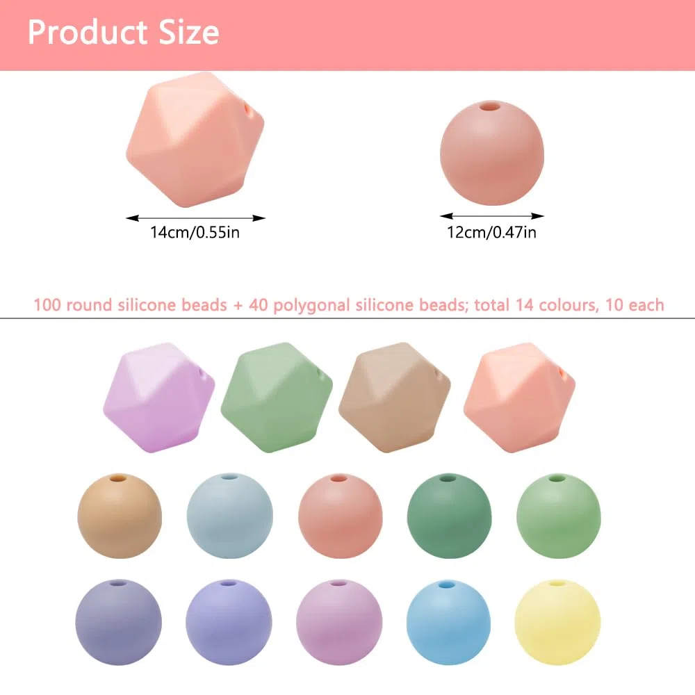 140 Pezzi Perline di Silicone Perline Rotonde Colorate Perle di Silicone Esagonali per L'artigianato fai da te