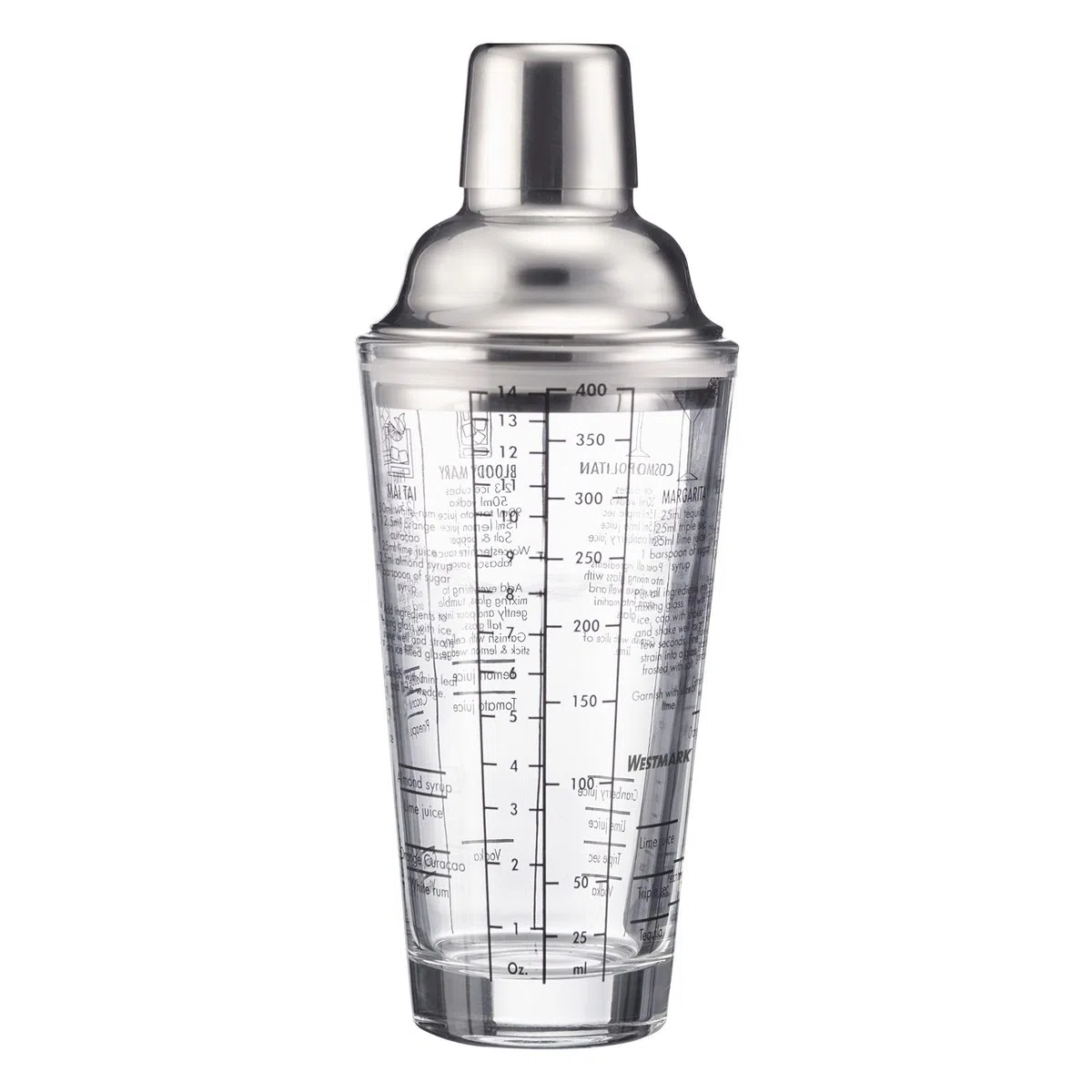 Westmark Shaker per cocktail Sam – shaker con bilancia e colino, miscelatore professionale per cocktail, accessori per bar, include ricette – acciaio inox, vetro, 400 ml