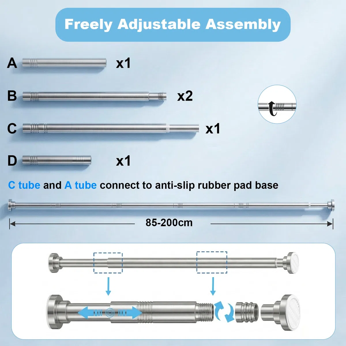 Carehabi Bastone Tenda a Pressione Tenda Doccia 85-200cm Ø 25 mm Asta Appendiabiti per Armadio per Tendaggi Doccia Aperture Delle Porte e Armadio
