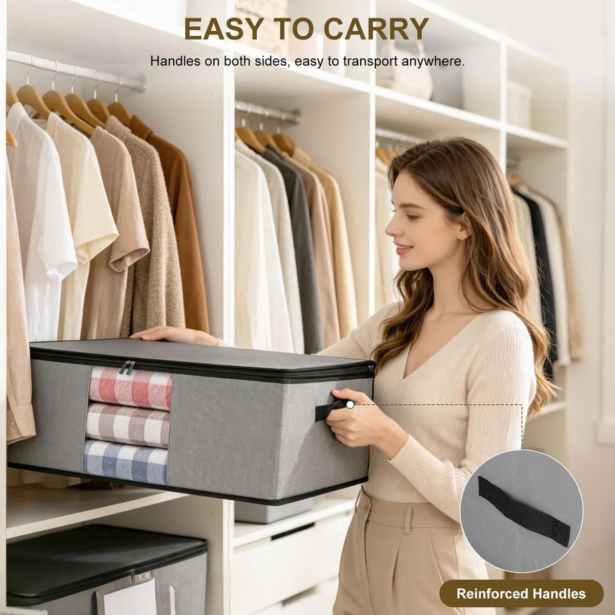 Cozary 3 Pezzi 60L Contenitori Sottoletto, Pieghevole Scatole per Vestiti, Scatole per Armadio con Finestra Trasparente, Contenitori per Armadio Salvaspazio per Vestiti, Biancheria da Letto, Grigio