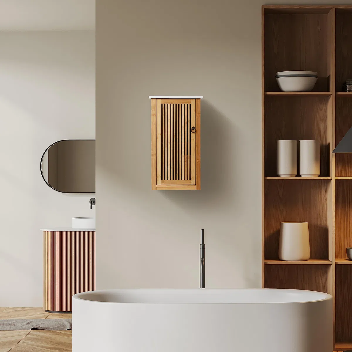 Relaxdays Mobiletto da Bagno Pensile, Ripiano Regolabile, Armadietto da Parete, in bambù, HLP: 60x34,5x21 cm, Naturale