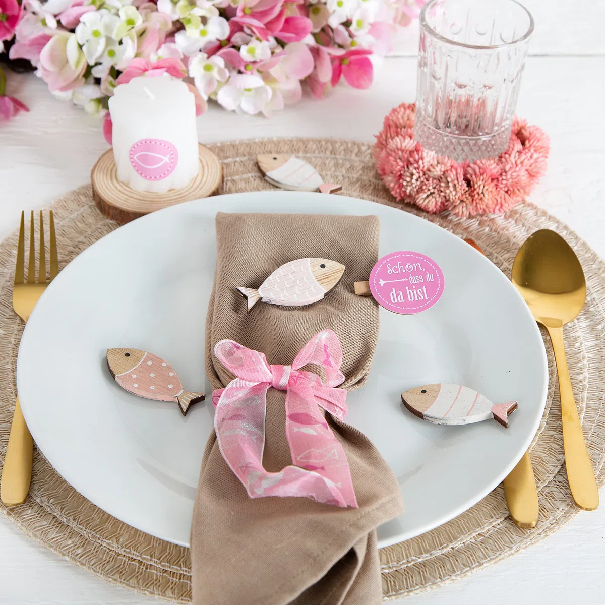 Logbuch-Verlag 18 ciondoli Forma di Pesce Rosa Fucsia Bianco Legno bomboniera Decorazione Marittima Bagno Festa Tavolo Battesimo