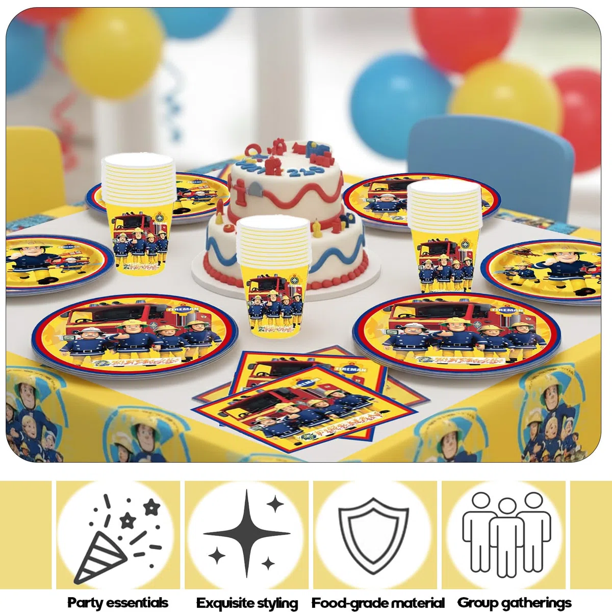 69 Pezzi Pompiere Stoviglie Compleanno，Pompiere Kit Festa Compleanno，Tovaglioli, Piatti di Carta, Bicchieri di Carta, Tovaglia, Perfetto per 16 Persone