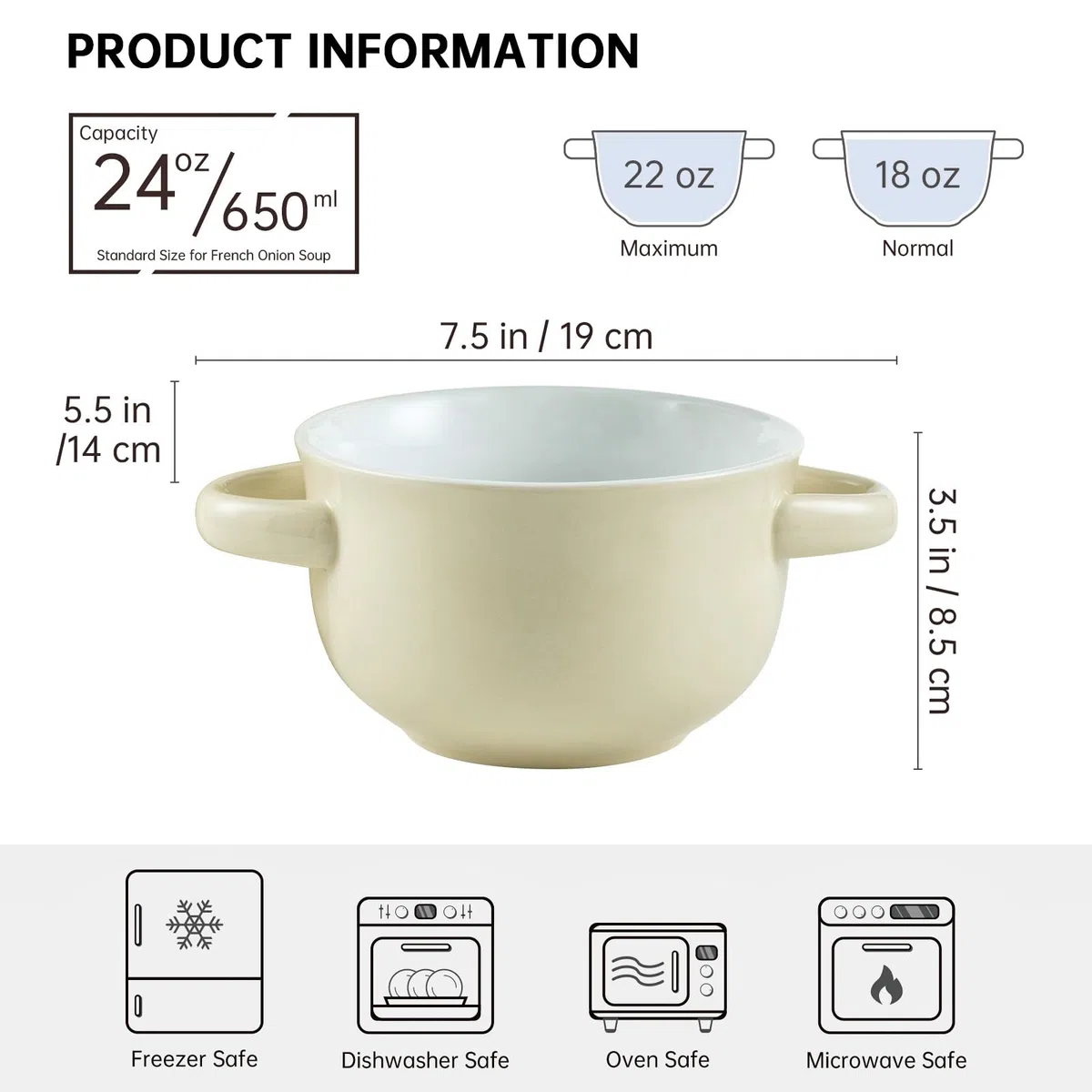 UNICASA Ciotole per Zuppa con Manici, Ciotoles di Cipolla in Ceramica per Cereali, Pasta, Set di Ciotole, Forno, Microonde, Lavabili in Lavastoviglie, Set di 4