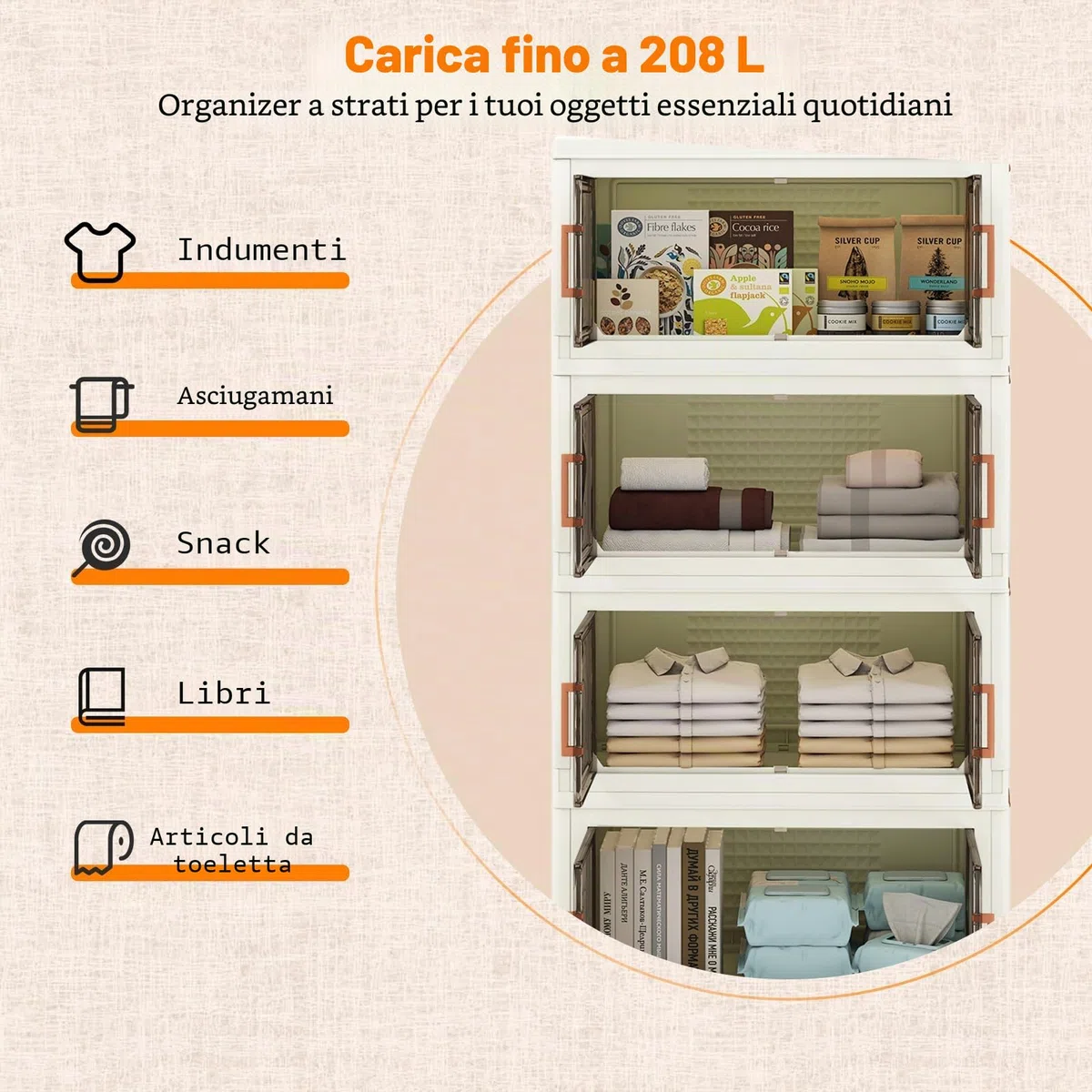 GIANTEX Contenitore di Archiviazione in Plastica, Organizzatore Impilabile con Coperchi e Porte, 4 Ruote, Scatole Organizzatore Pieghevoli per Soggiorno, Camera da Letto (62,5 x 34,5 x 130,5 cm)