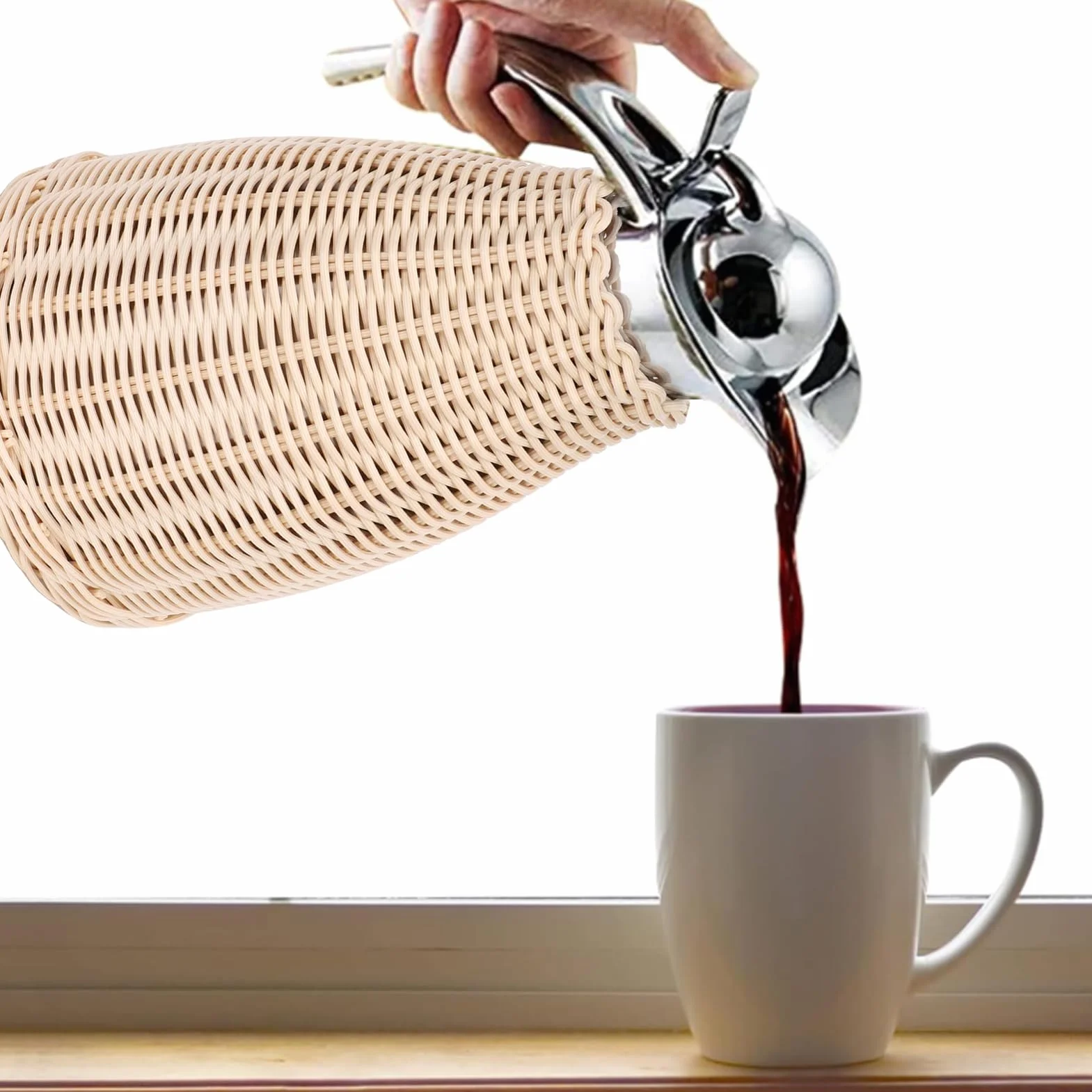 SIXRUN Carafe Tossicola Termica in Acciaio Inossidabile in Acciaio Inossidabile Intrecciato, 1,5 Litri di Brocca Isolata a Parete, Calore di 12 Ore, Fidelizzazione a Freddo 24 Ore, (Beige)