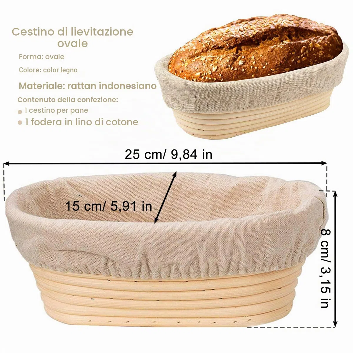 Cestino Lievitazione, Pane Cesto di Fermentazione, Ovali per la Cestini Pane Lievitazione, Cesto di Pane in Rattan Fatto a Mano con Fodera in Lino, Usato per Impasto di Pizza e Pasticceria