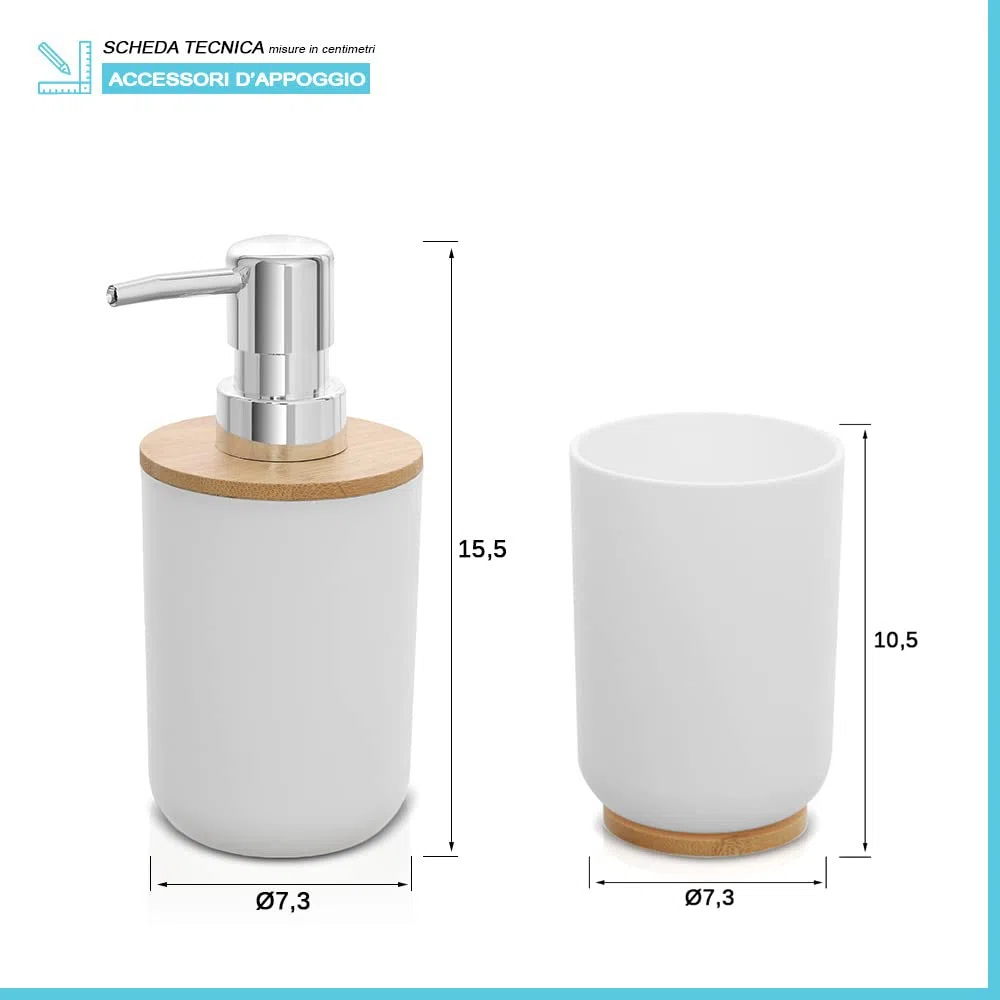 Inbagno Set Accessori Bagno Bianco, 2 Pezzi, Dispenser e portaspazzolini, ABS e Legno bambù, Linea Surf