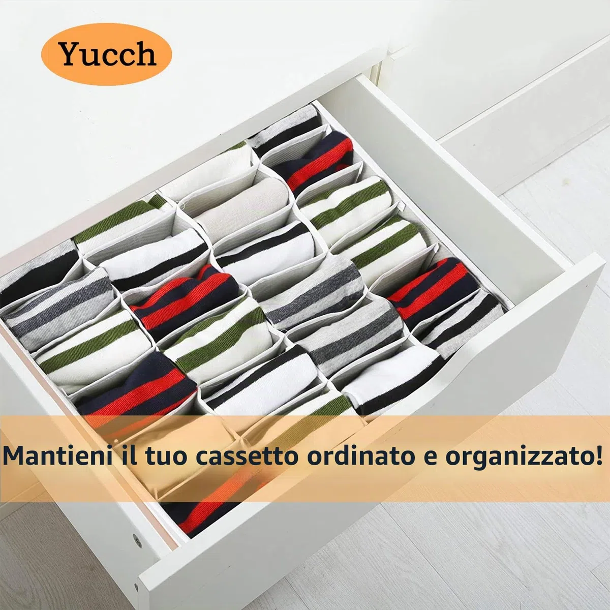 Yucch 3 Pezzi Organizer Cassetti, 24 Scomparti Pieghevole Porta Calzini da Cassetto Organizzatore Cassetti per Biancheria Mutande, Calze, Cravatte, Cinture (Grigio)