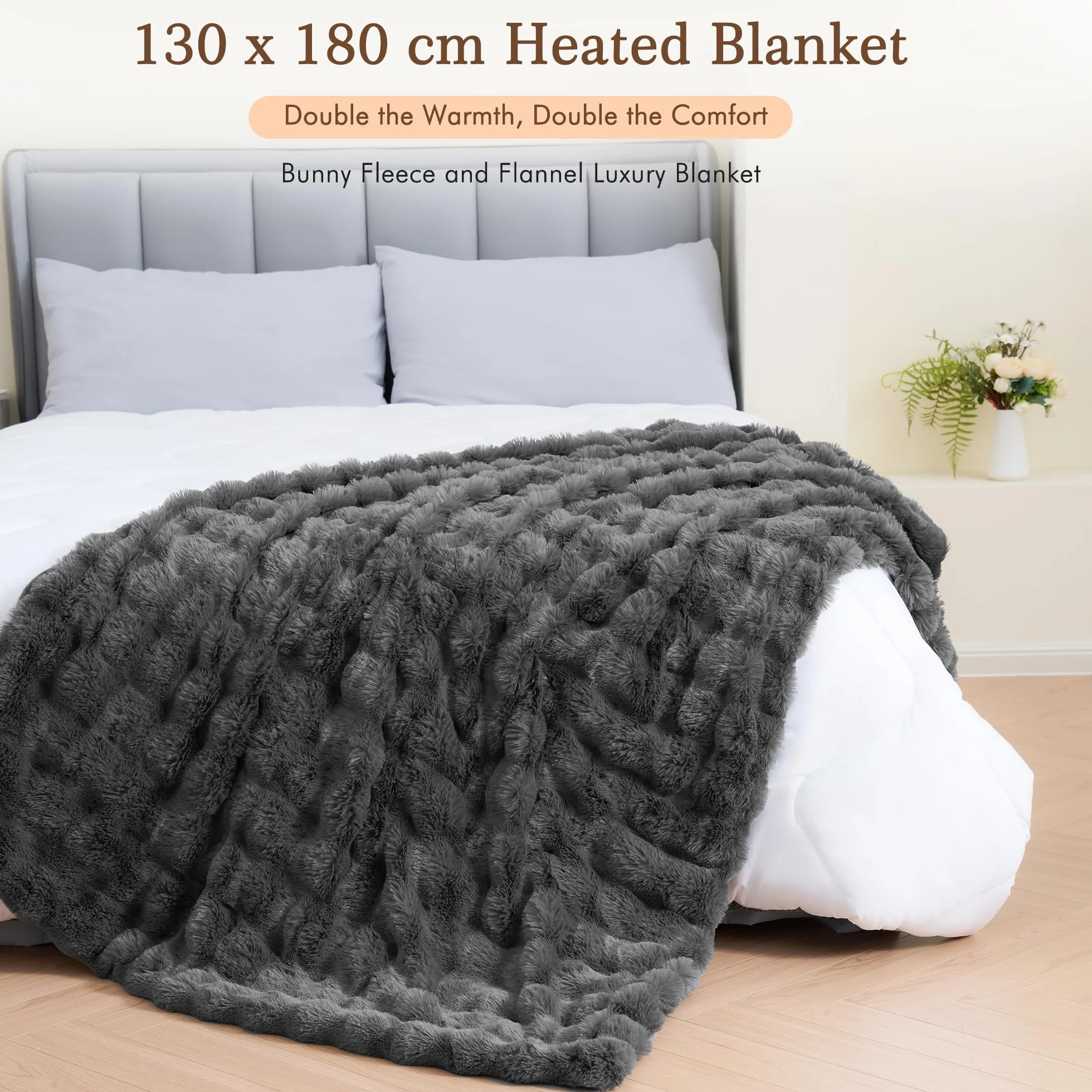 Coperta Elettrica Riscaldante 130x180 cm per Letto e Divano, Peluche Coniglio e Flanella, 4 Livelli di Temperatura, Spegnimento Automatico 10 Ore, Lavabile in Lavatrice