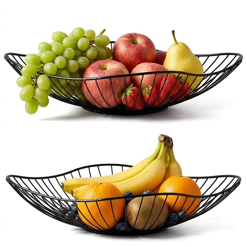 Set di 2 cestini per frutta in metallo, moderni, in metallo, con design a cavità, per la casa, elegante regalo, per feste, colore nero