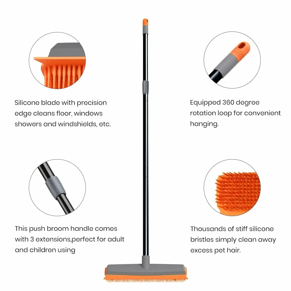 TreeLen Rubber Broom Carpet Rake Pet Hair Remover with Squeegee Extension for Carpet and Hardwood Floor Cleaning