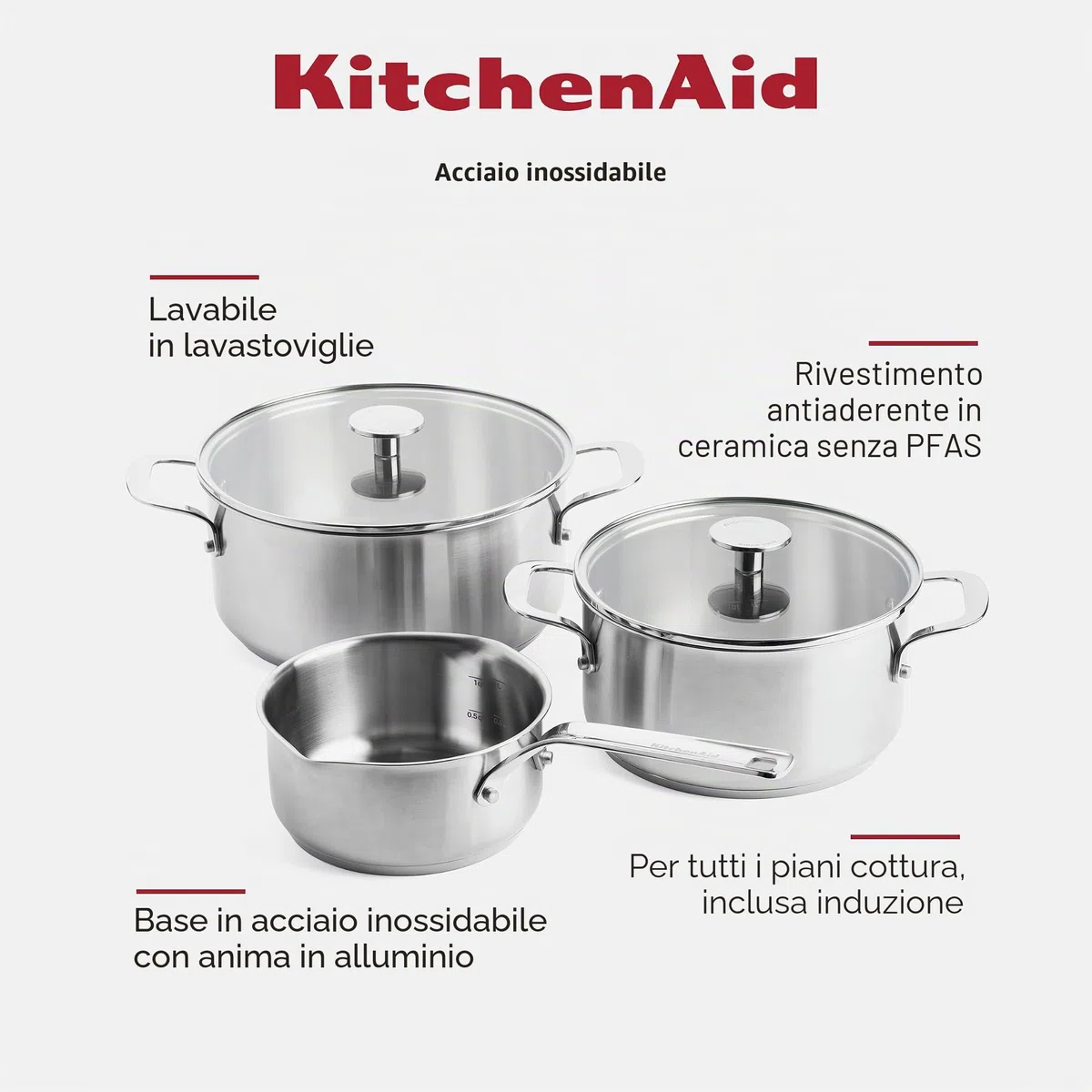 KitchenAid Stainless Steel Set di Pentole Antiaderenti in Acciaio Inox con Coperchio, Adatte a Tutti i Tipi di Fornelli, Induzione, Forno e Lavastoviglie, 20/24 cm + Pentolino 16 cm/1,5 L, 5 pezzi