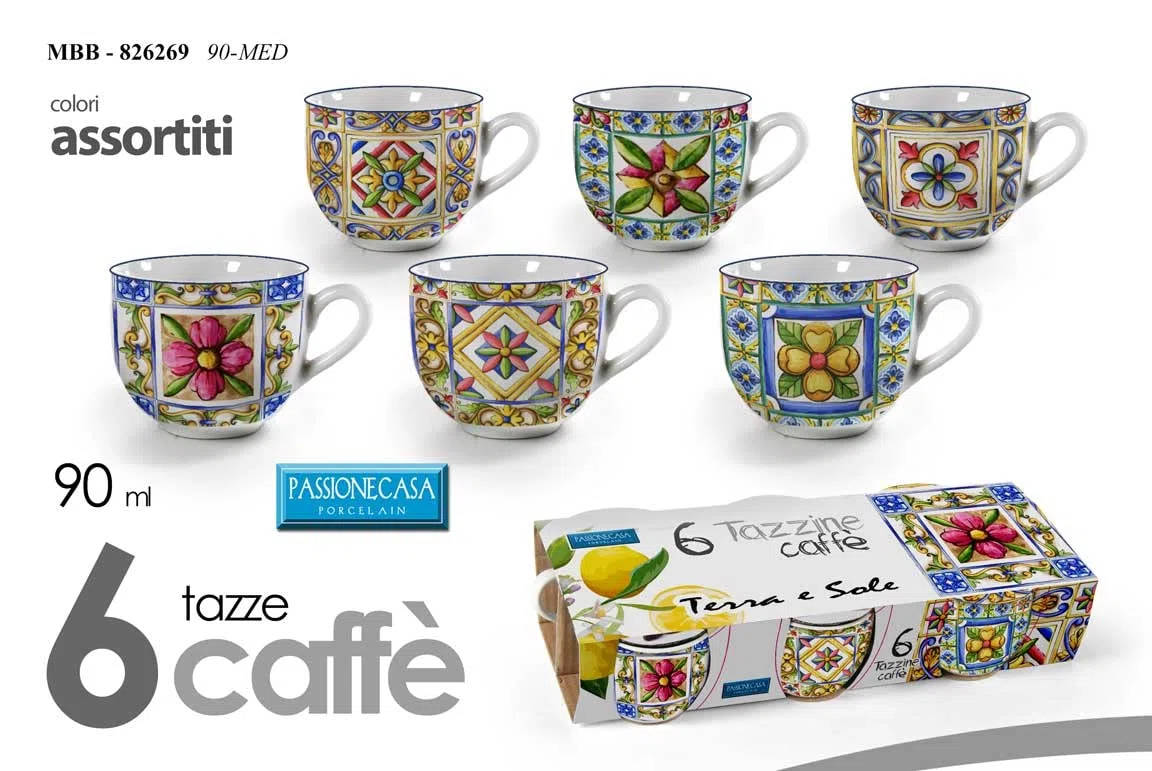 Gicos Set 6 tazzine caffè Coffee in Porcellana decori Assortiti Terra e Sole 90 ml MBB-826269