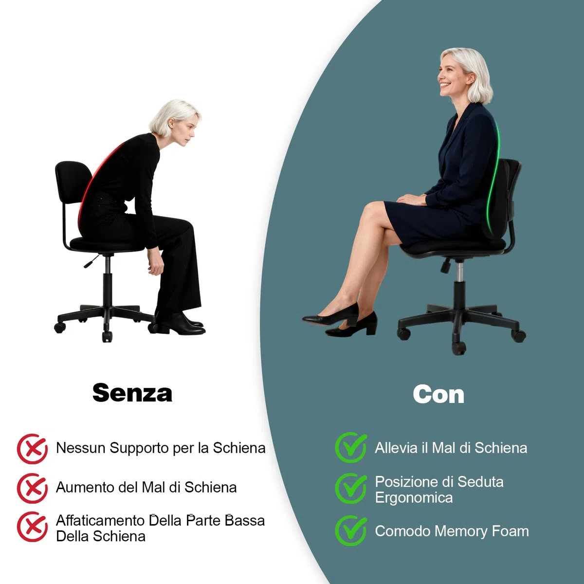 Cuscino Lombare, Supporto Lombare Auto Ergonomico, Cuscino Schienale in Memory Foam, Cuscino Lombare Sedia con Fodera Lavabile per Auto, Sedia Ufficio, Nero
