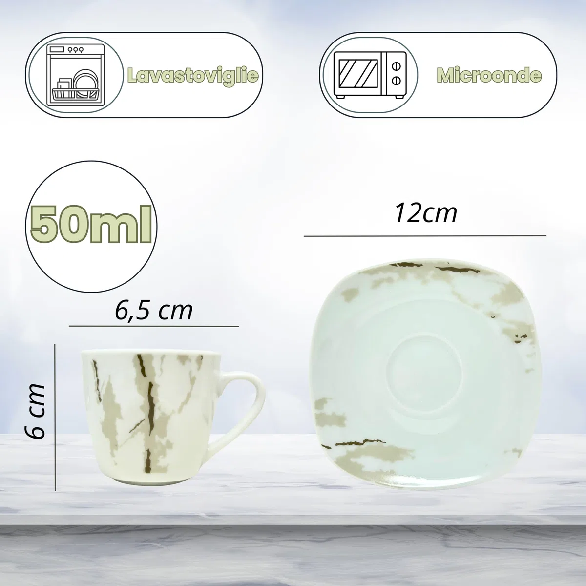 NAMAI - Set da 6 Tazzine Caffe Particolari con Piattino, Stile Autentico, Porcellana, Adatte In Lavastoviglie e Microonde, Idea Regalo (Hummus)