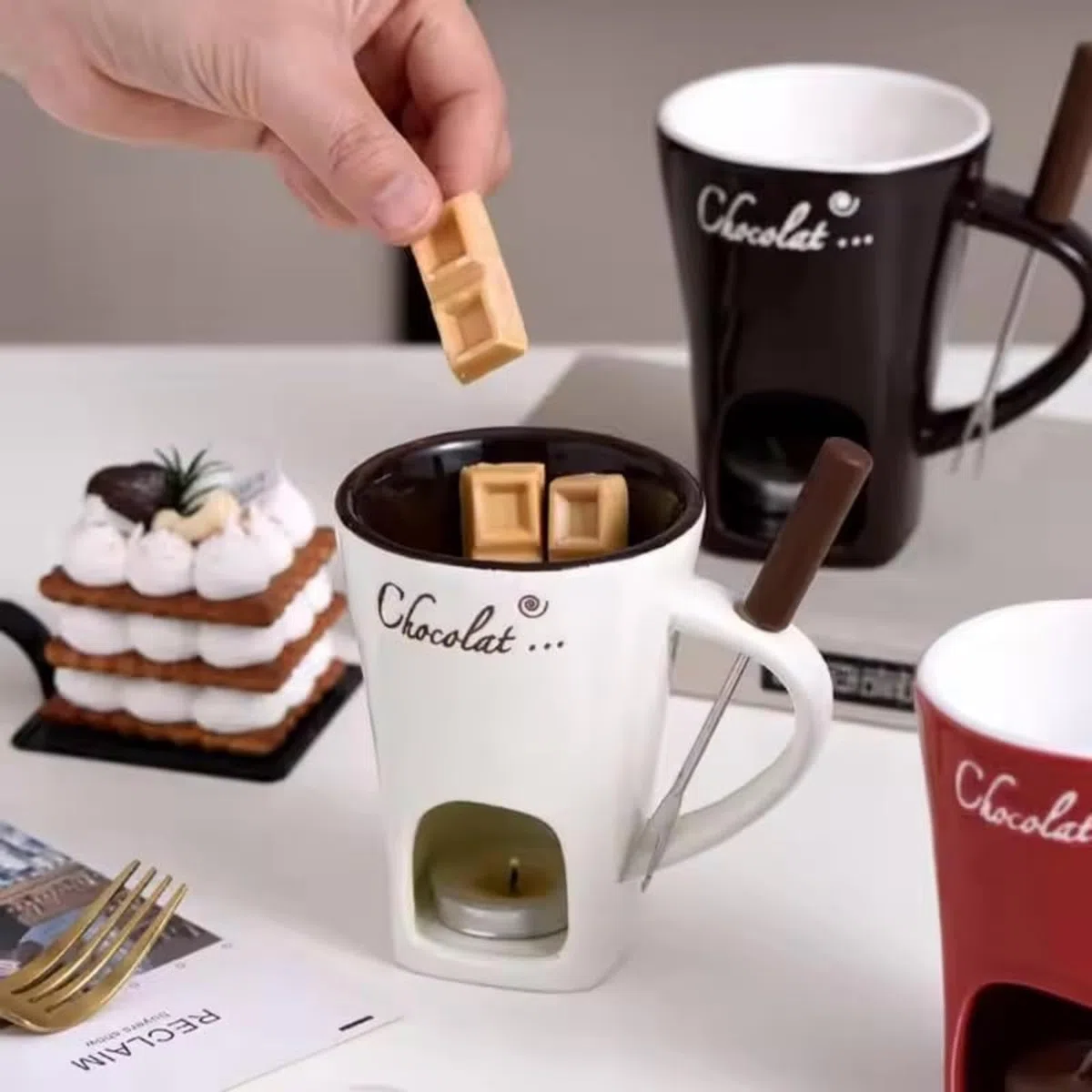 Tazza per fonduta, tazza per fonduta di cioccolato con forchetta e candela, tazza per fonduta di cioccolato per appuntamenti serali, compleanni, regali di nozze (rosso)