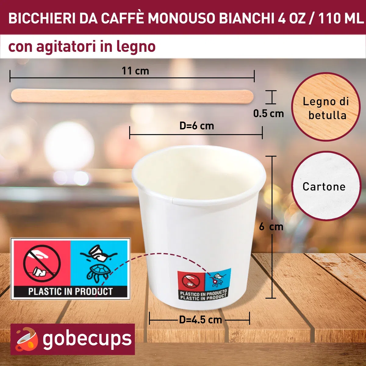 200 Bicchieri di Carta Bianchi Usa e Getta da 110 ml / 4 oz per Caffè con Stiracchiere in Legno, Resistenti, a Prova di Perdite e Senza Odori. Bicchieri di carta usa e getta.