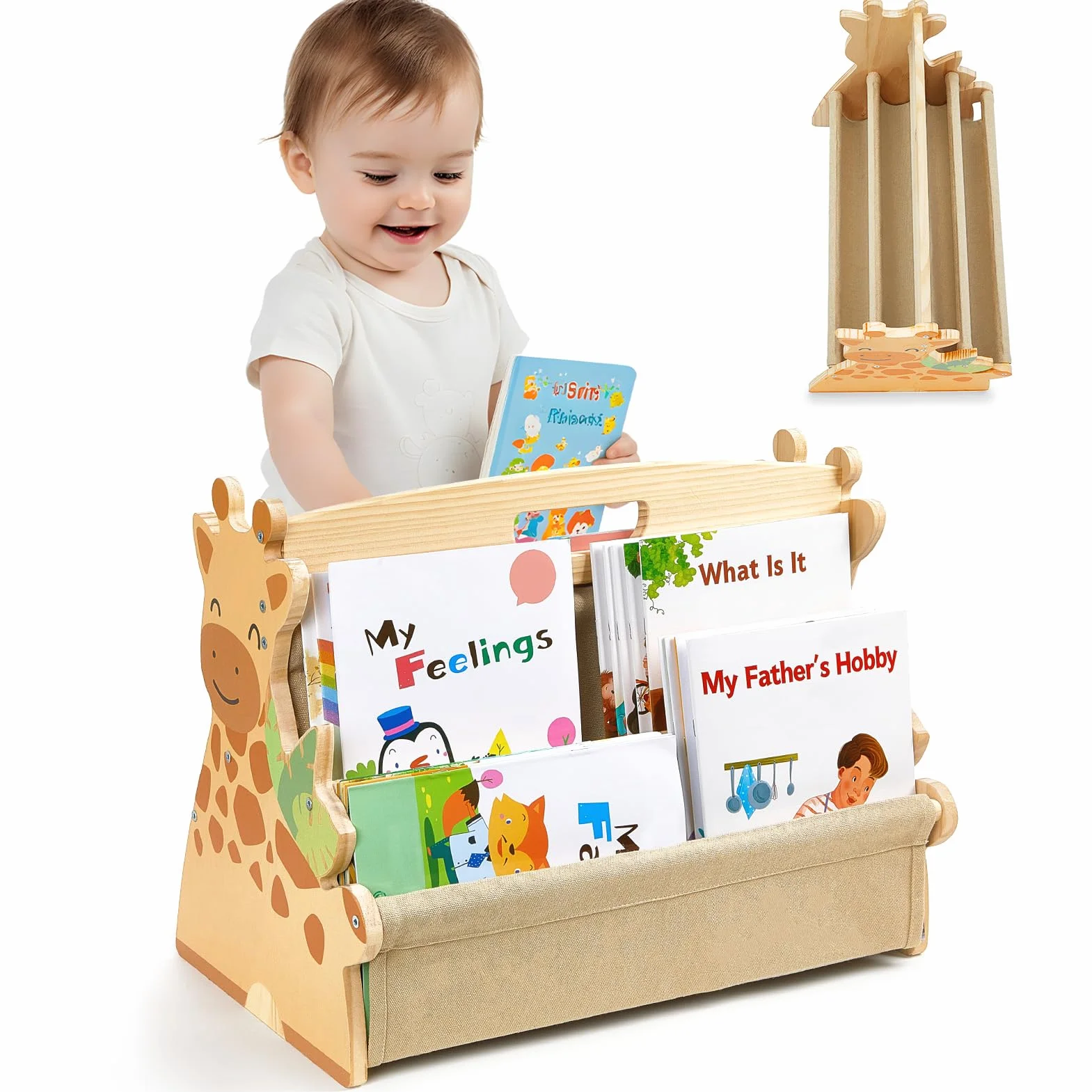 MHJY Libreria per Bambini in Legno - Scaffale Porta Libri Doppia Faccia con Tasche in Tela, Stile Montessori Portatile con Maniglia, Organizer Giochi per Cameretta, Asilo e Scuola Materna
