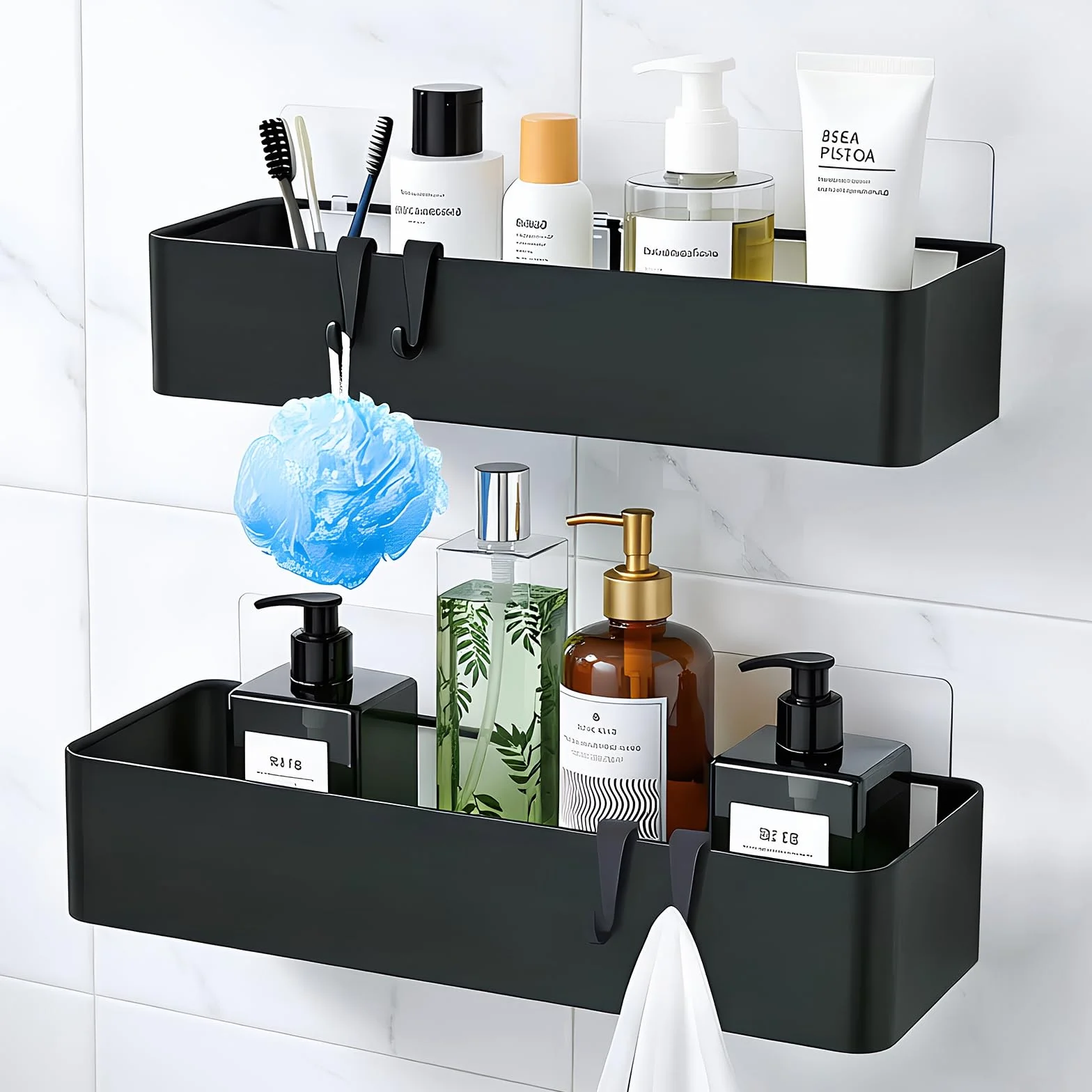 Mensola Doccia Senza Foratura 2 Pezzi, Porta Shampoo Bagnoschiuma Sapone, Mensola Bagno Metallo Nero con 4 Ganci Removibili, Antiruggine Impermeabile per Bagno e Cucina