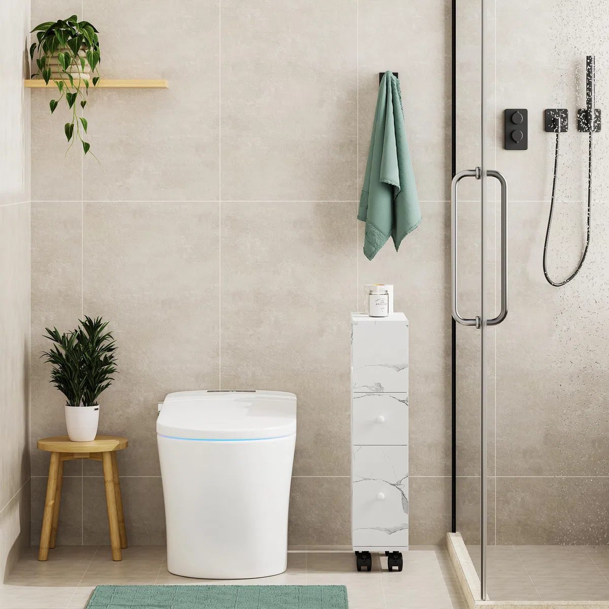 [en.casa] Mobile da Bagno Stretto a Rotelle con 2 Cassetti e Scomparto Aperto Armadietto Estraibile Multiuso per Cucina Lavanderia Ufficio 66 x 15 x 33 cm - Effetto Marmo Bianco