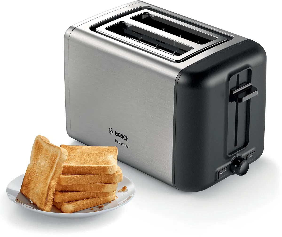 Bosch Tostapane Compatto TAT3P420, 970 W, Tostatura Uniforme, Espulsione Automatica, Vassoio Raccogli-Briciole, Funzione Scongelamento e Riscaldamento, Spegnimento Automatico, Acciaio Inox, Nero
