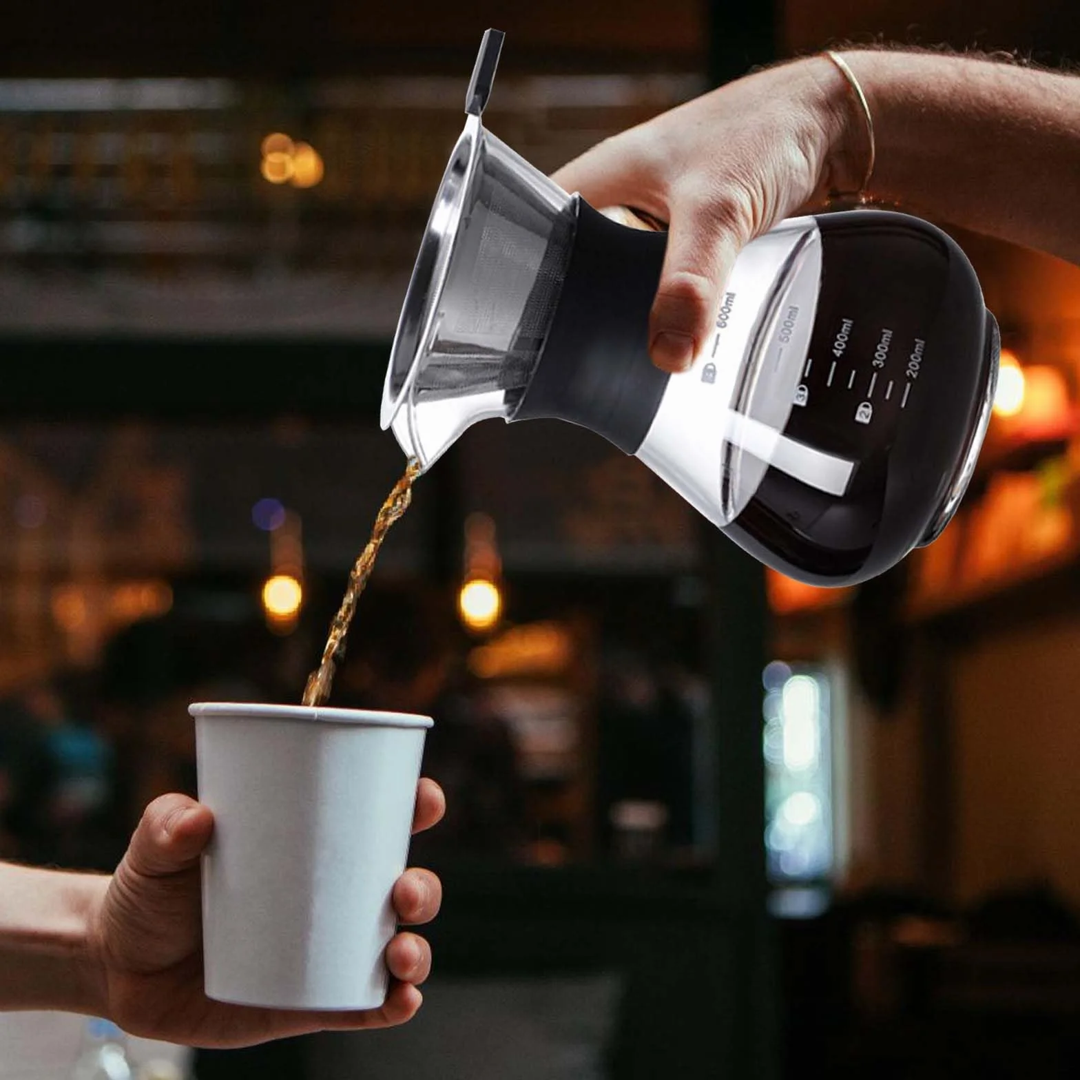 Pour Over - Caffettiera da 600 ml, per caffè con filtro, a mano, in acciaio inox, filtro a mano, in vetro, con filtro permanente, per la casa, il caffetteria, il ristorante e il campeggio, colore nero