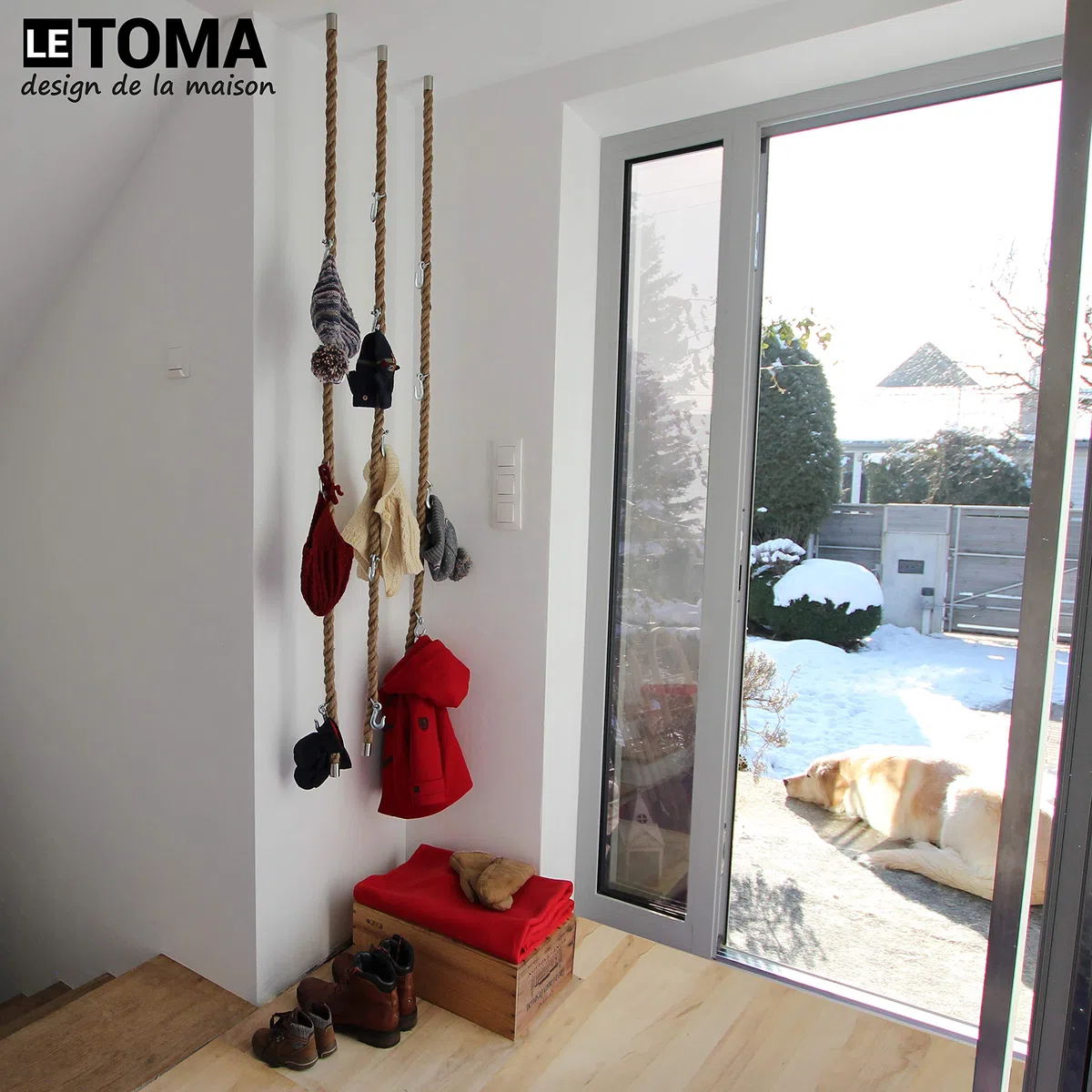 Guardaroba in corda di juta con ganci in metallo per appendere al soffitto, parete in design industriale - pratico, salvaspazio - 1x corda de 160 cm e 5 robusti ganci per gru in acciaio