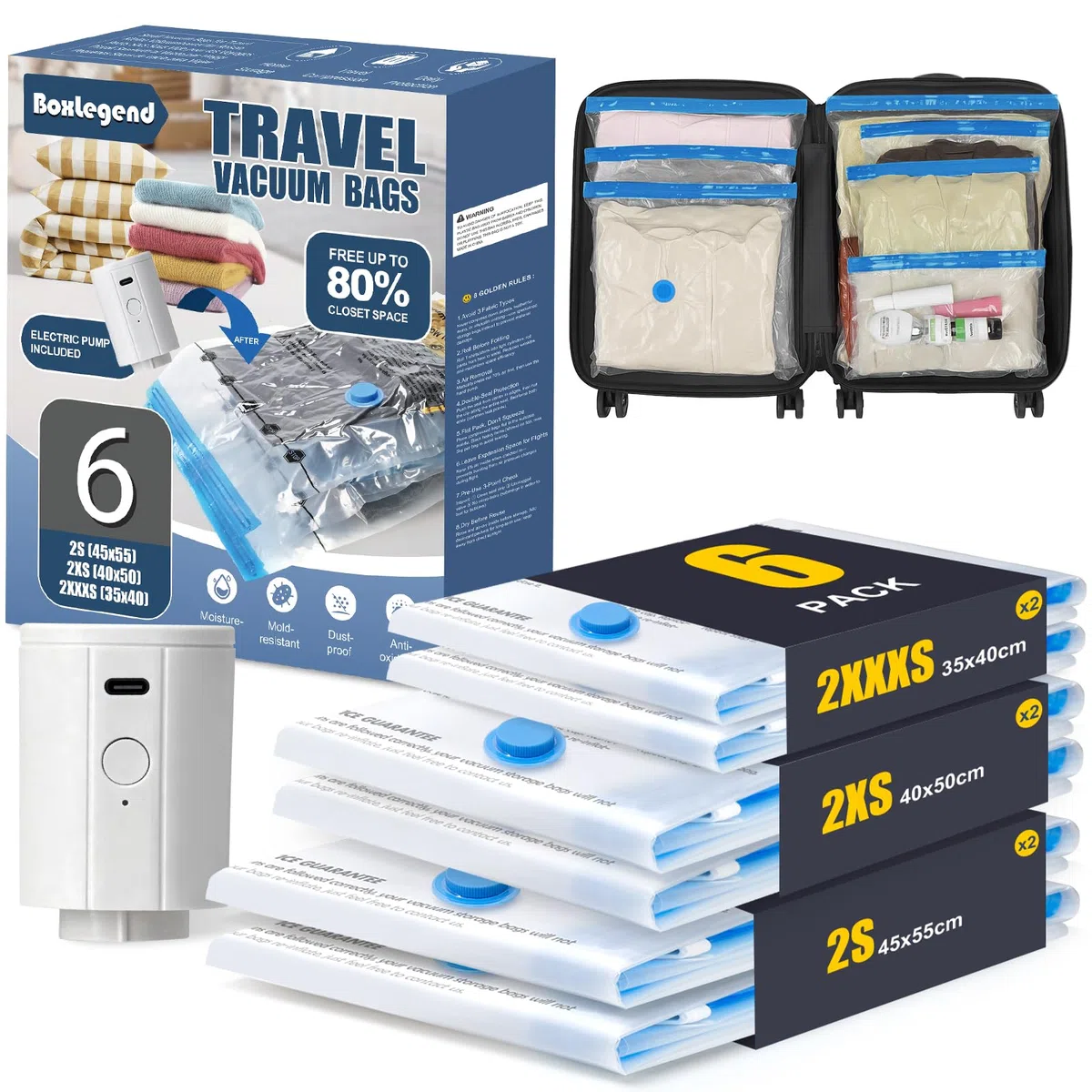 BoxLegend Sacchetti Sottovuoto Vestiti per Viaggi con Pompa Elettrica-6 Pezzi 2S + 2XS + 2XXXS Buste Sottovuoto Sacchetti Salvaspazio Aspirapolvere Viaggi Deposito Domestico per Copertine, Cuscini