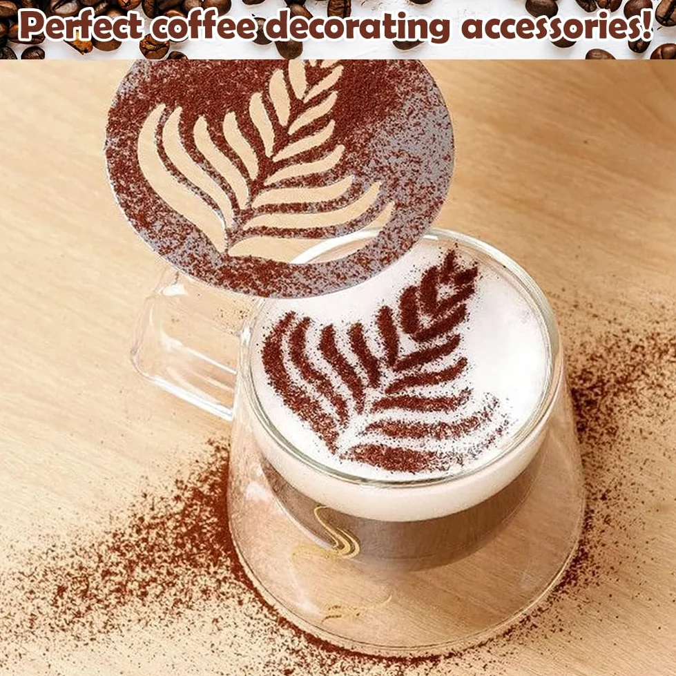 Stencil in acciaio inox a forma di caffè, 6 pezzi, per decorare cappuccino, latte e torte (stile 1)