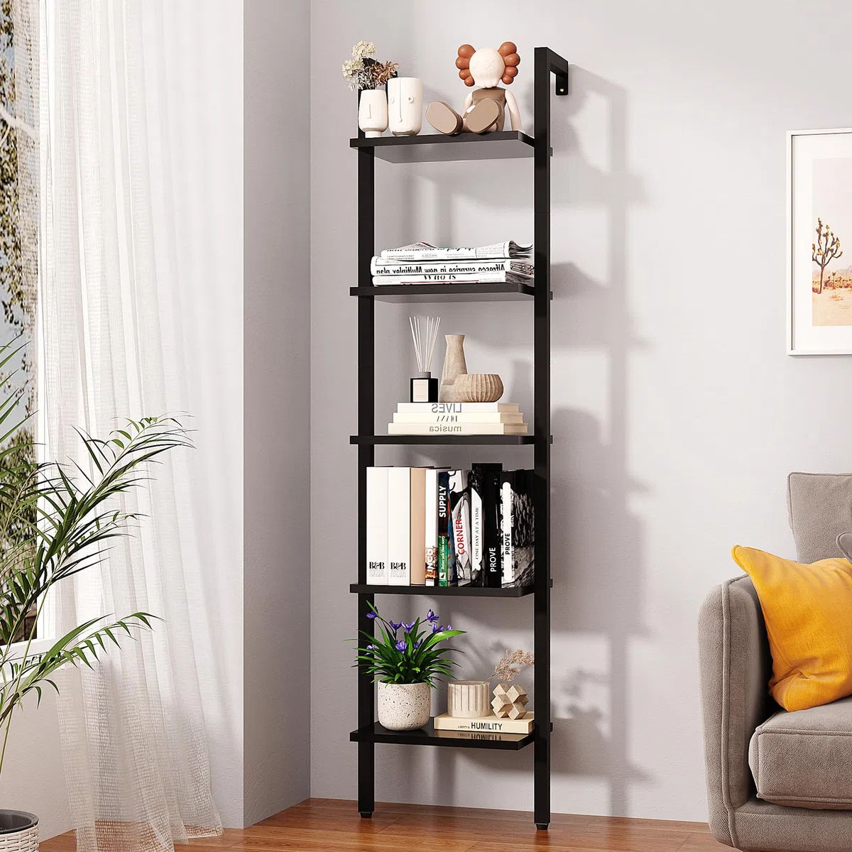 YMYNY Libreria, Scaffale a Scala, Contro Parete a 5 Ripiani, Scaffali Aperti per Casaper, Soggiorno, Ufficio, Cucina, Camera da Letto, 40 x 30 x 178CM, Industriale, Nero HBC015B