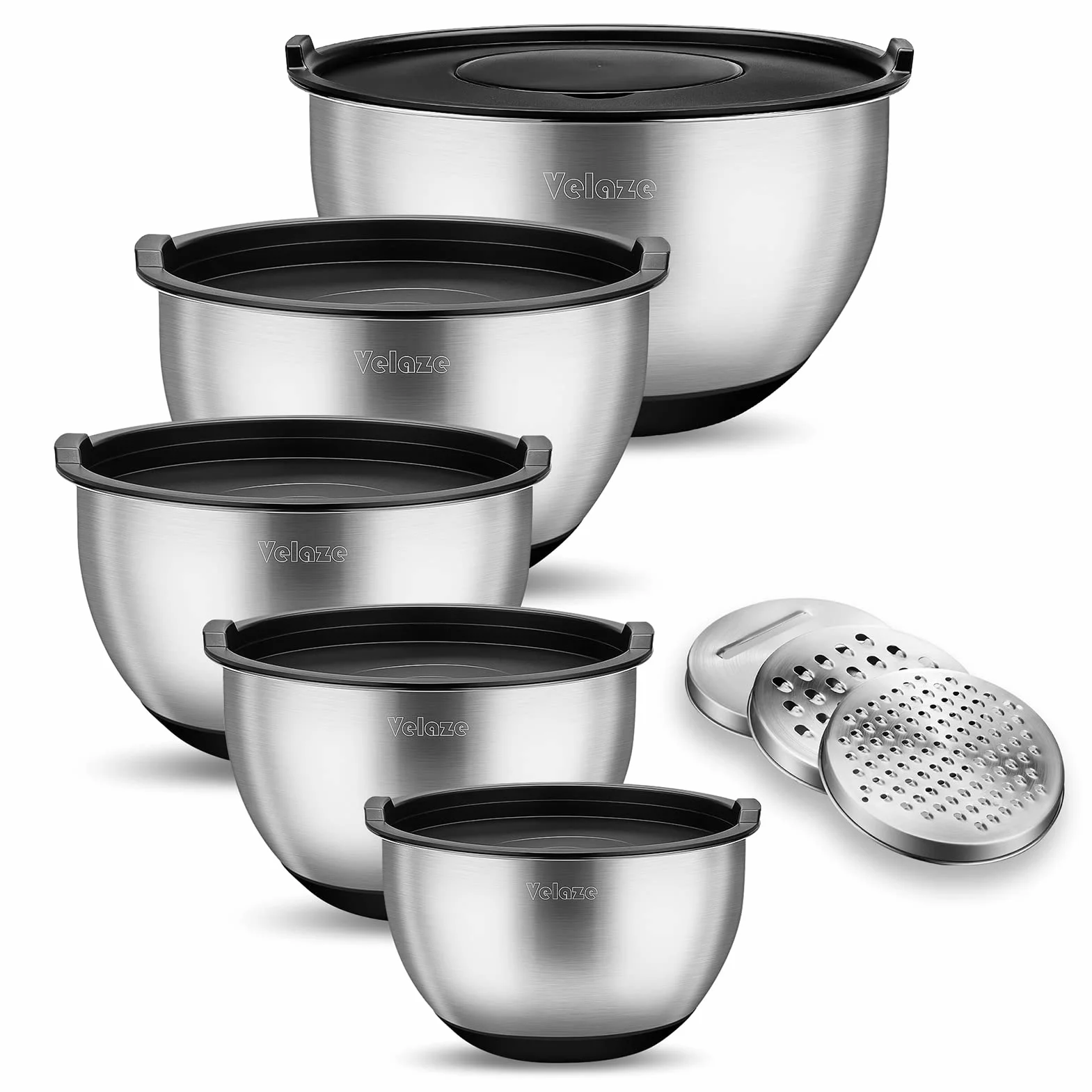 Velaze Set di ciotole in acciaio inox, 5 pezzi, insalatiera con coperchio, 3 inserti per grattugia, fondo in silicone antiscivolo, 5 l, 3 l, 2 l, 1,5 l, 1 l, diverse misure per diverse esigenze
