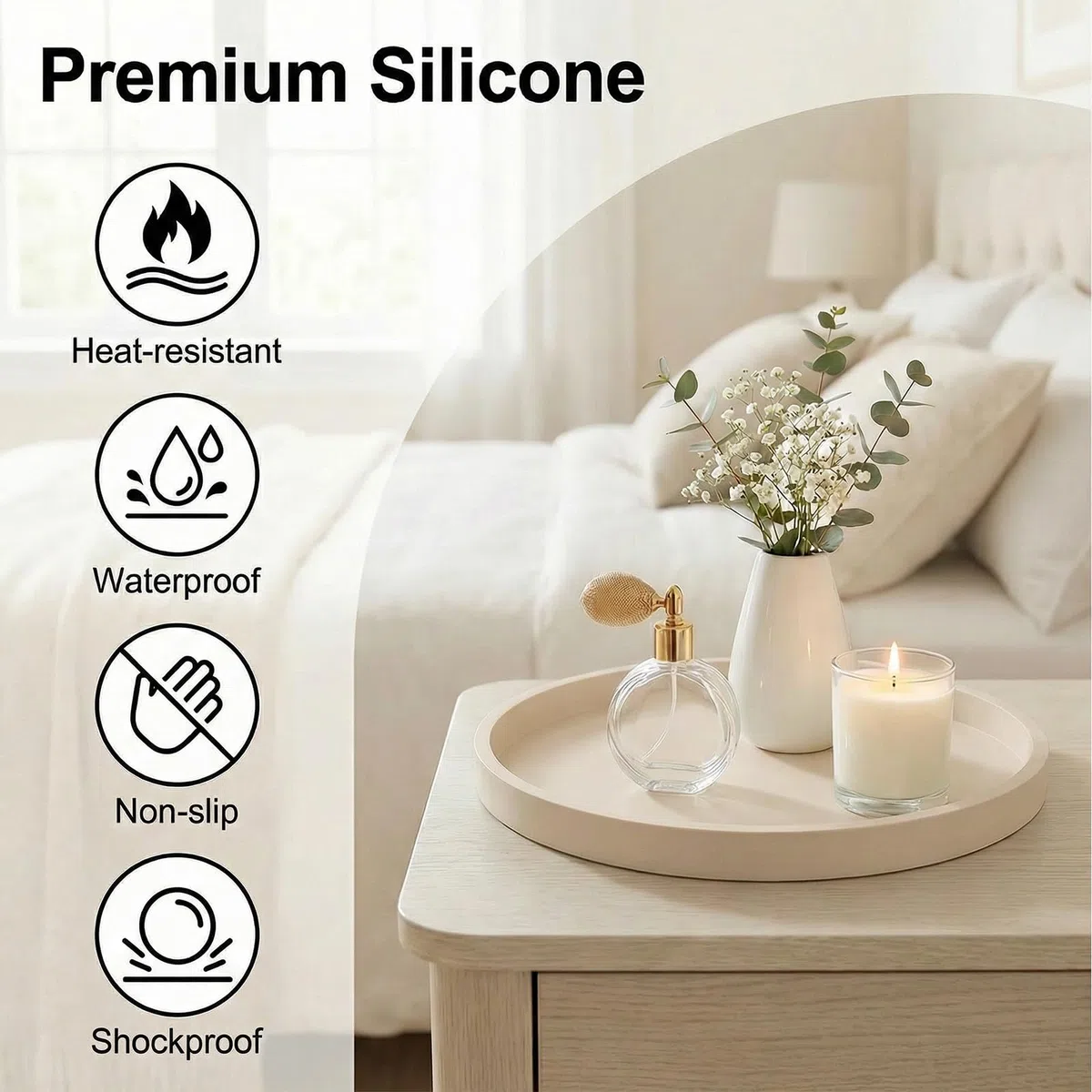 Vassoi decorativi Vassoio da banco da 23 cm, rotondo in silicone decorativo per mobili, vassoio per cosmetici e gioielli, per flaconi di lozione, profumi, gioielli (beige)
