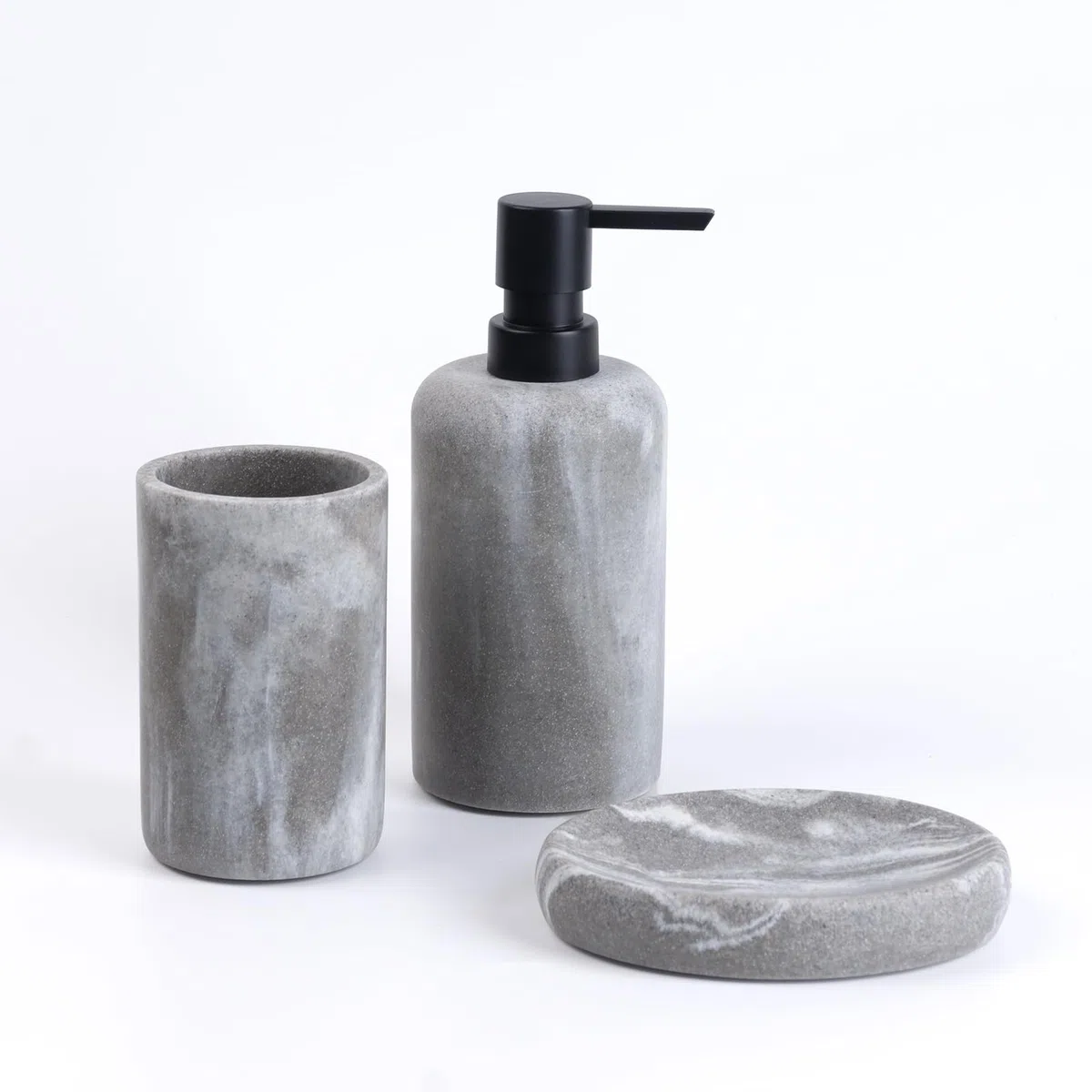 Set da bagno, 3 pezzi, dispenser per sapone, portasapone e portaspazzolino in resina, nuvole in pietra, set da tre pezzi