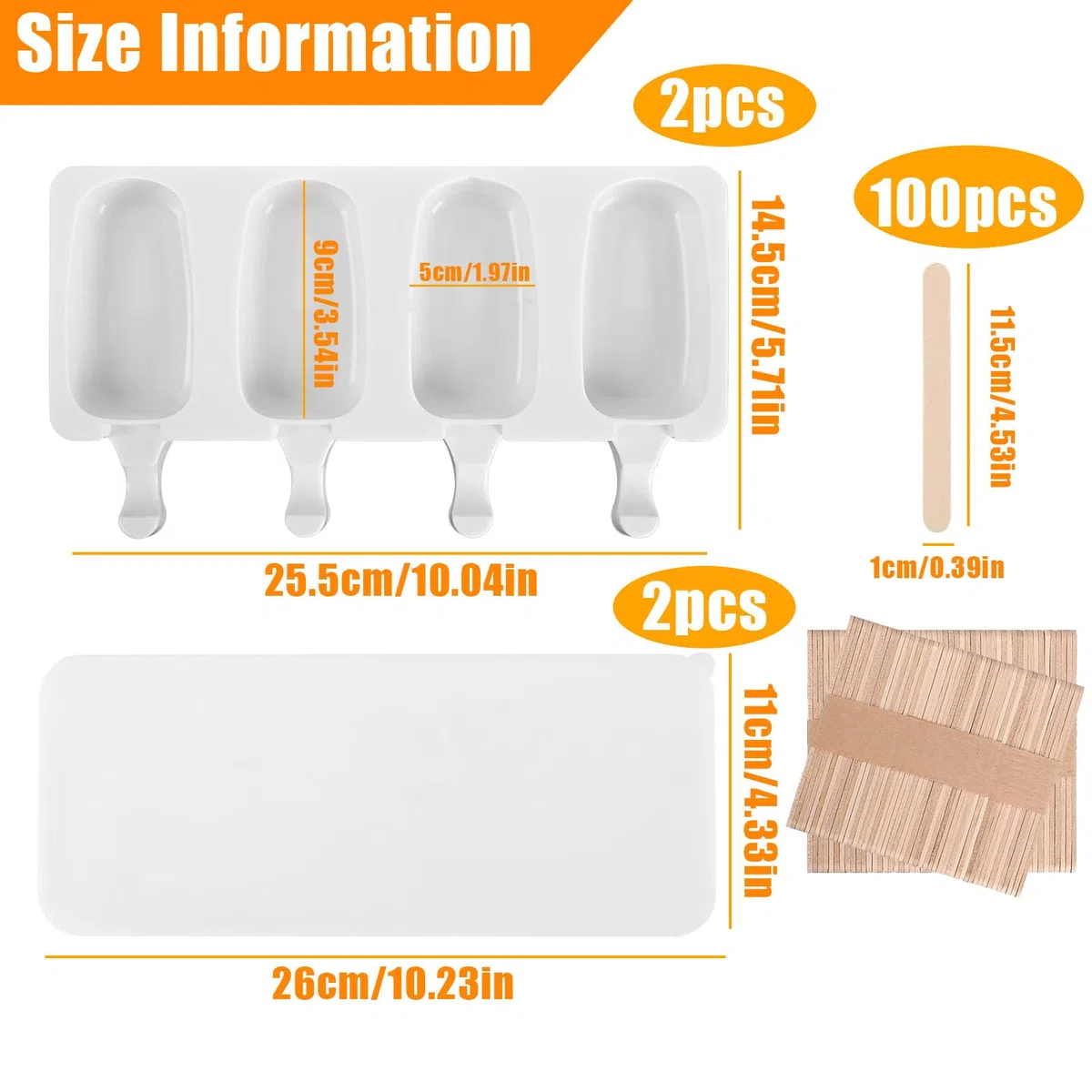 2 Pezzi Stampi Gelato con 100 Bastoncini Legno e Coperchio, 4 Cavità Stampo Ghiaccioli Silicone, Formine per Cioccolato Congelato Fai Te, Stampini Gelati Riutilizzabile per Bambini Adulti