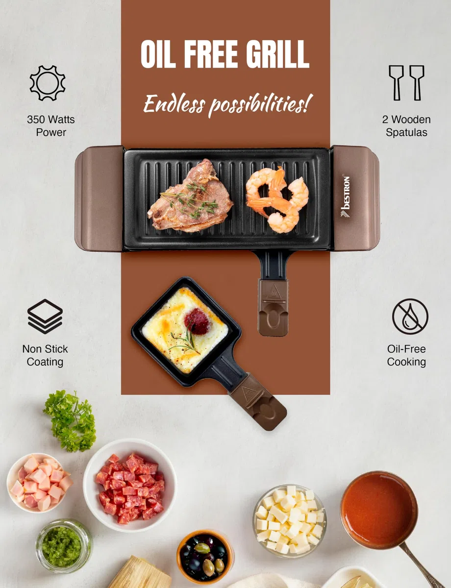 Bestron Mini Raclette per 1-2 Persone, Mini griglia da tavolo con 2 padelline e 2 spatole in legno, Piastra per Raclette con 350 watt, Colore: Rame