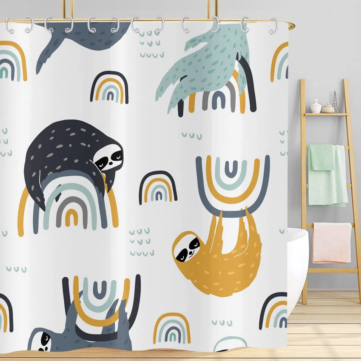 Tenda da doccia arcobaleno 90x180, divertente bradipo su arcobaleno colorato bambini tenda da bagno moderno Boho minimalista metà secolo impermeabile poliestere tessuto tenda da bagno