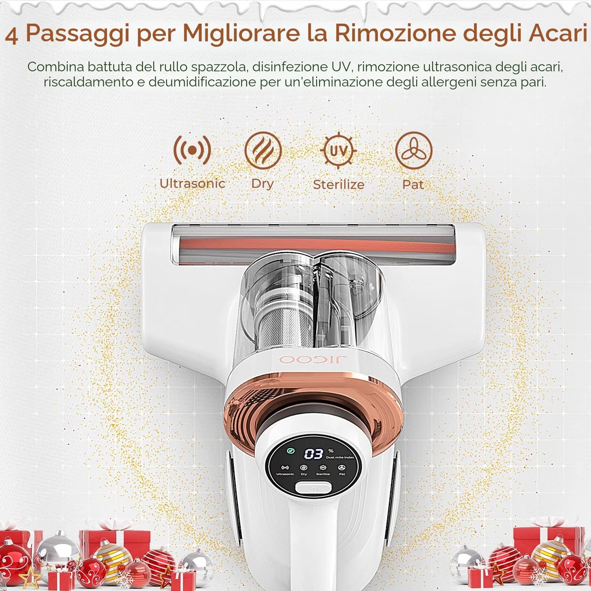JIGOO J300 Aspiratore acaro con sensore acaro della polvere e luce UV, 500 W, con indicatore LED intelligente, per chi soffre di allergie, rimuove il 99,9% di allergeni, per materassi, letti e divani