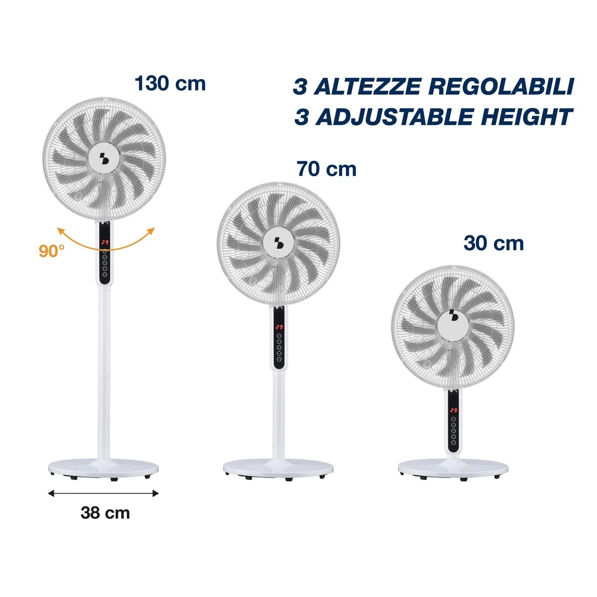 BEPER P206VEN154 Ventilatore a Piantana 13 Pale con Telecomando, 41 cm, 3 Velocità e 3 Modalità, Timer 12h, Oscillante, Altezza Regolabile 70-130 cm, Display Digitale
