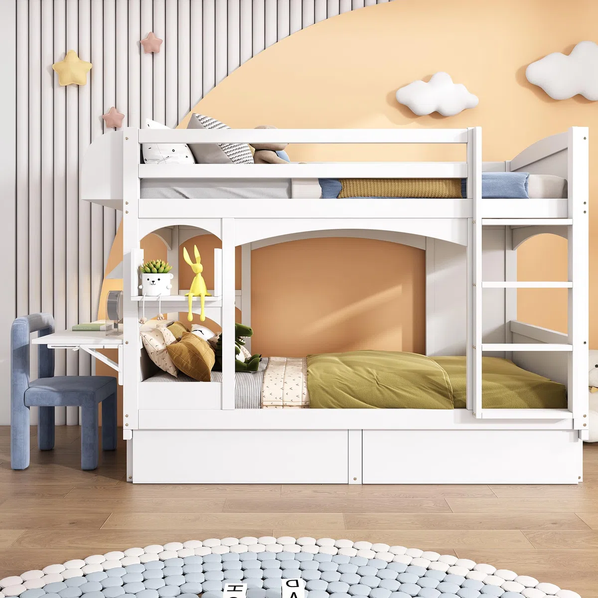 Letto a castello per bambini, 90 x 200 cm, letto matrimoniale, con scrivania pieghevole e mensola, con scala e 2 cassetti, senza materasso, legno massello, bianco