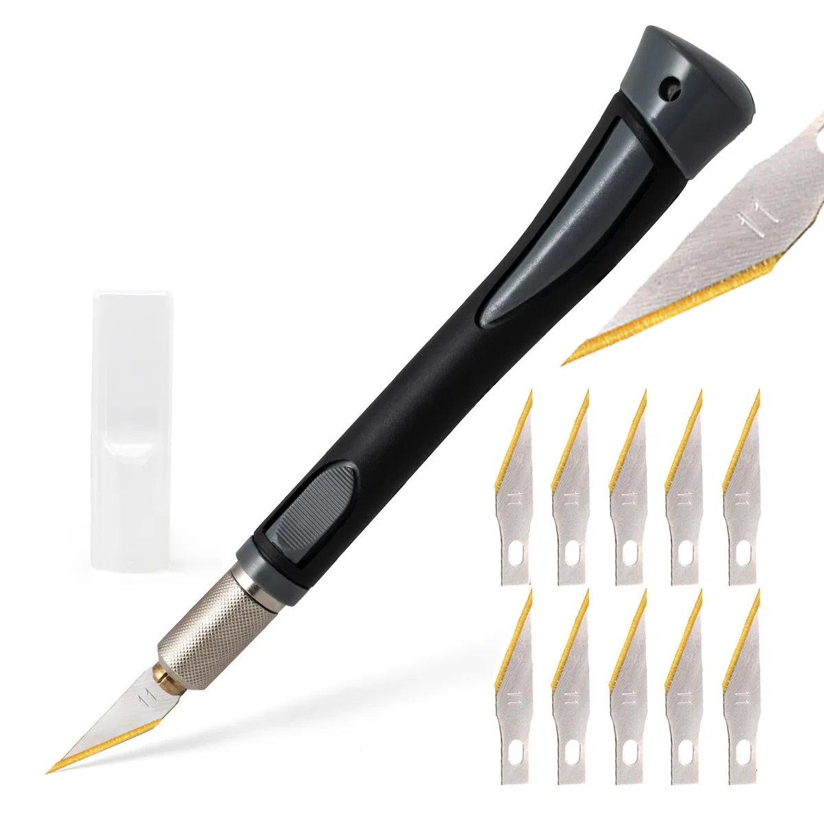 EHDIS Taglierino di Precisione con 10 Lame di Titanio, Bisturi Modellismo di Gomma Antiscivolo, Cutter di Precisione, per Lavoro Artistico Taglio, Scultura, Grigio